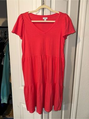 J. Crew Bright Coral V-Neck Tiered Mini Dress